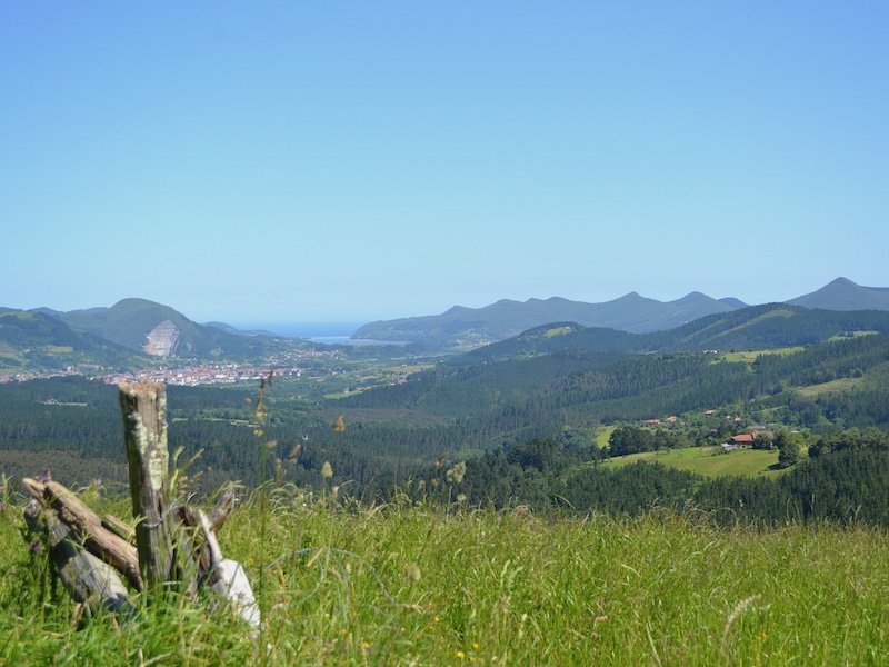 Uitzicht op rivieruitmonding in Urdaibai vanuit Txacoli wijnhuis in Berroja